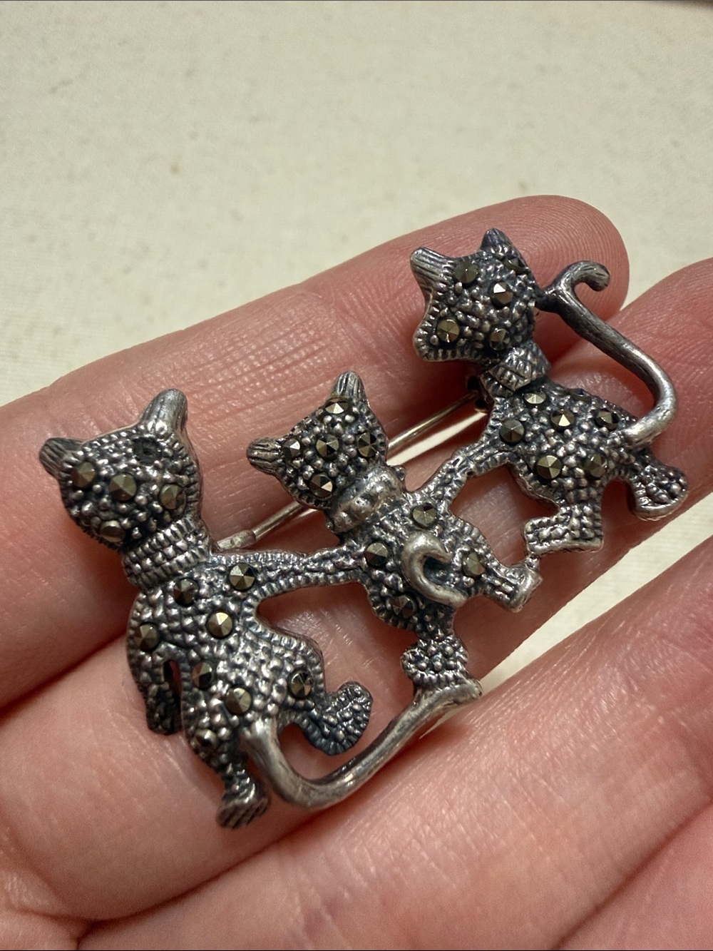 Vintage Sterling Silver 925 Marcasite Cat Brooch